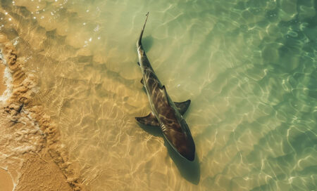 The shark swam up to the shore with the incoming tide