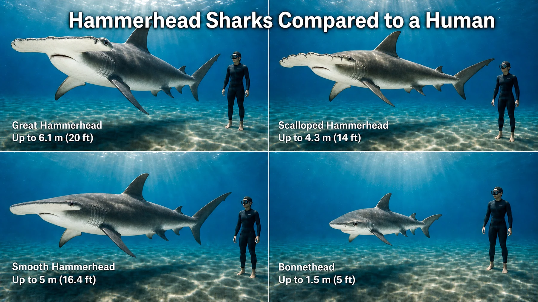 Maximum sizes of four hammerhead shark species compared with a human