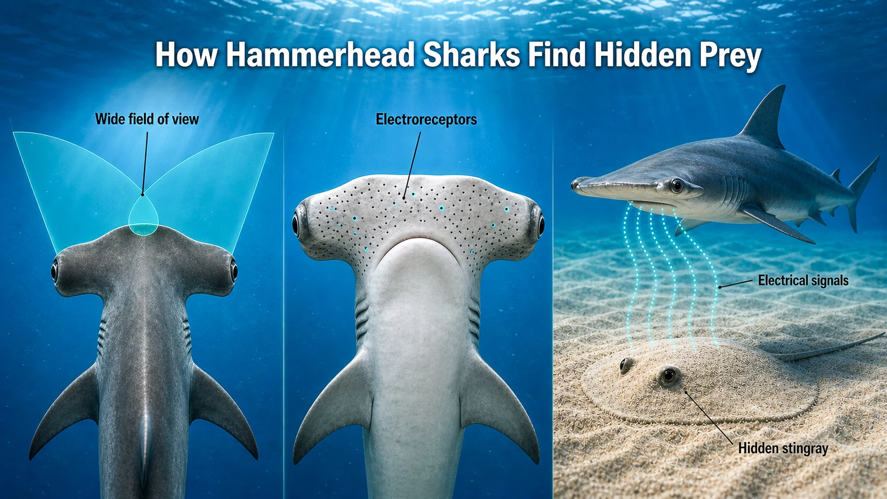 Diagram showing how a hammerhead shark uses wide vision and electroreceptors to find a stingray hidden under sand