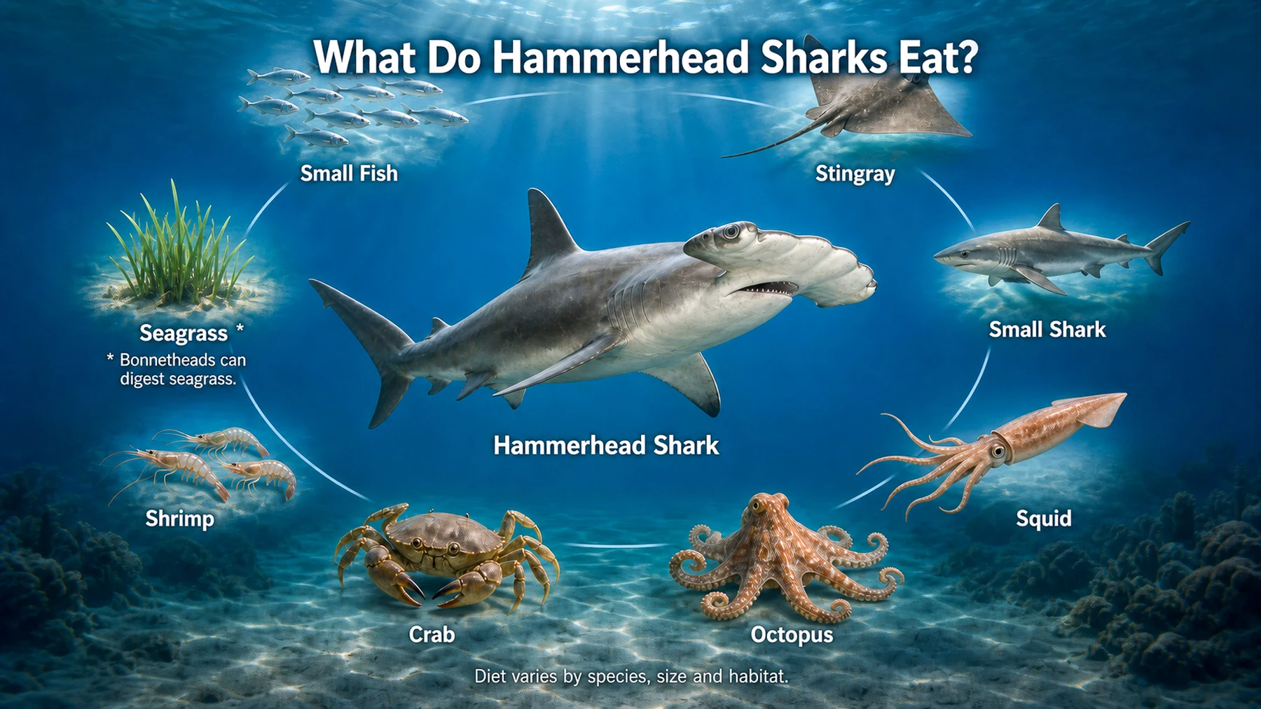 Hammerhead shark surrounded by fish, stingray, small shark, squid, octopus, crab, shrimp, and seagrass